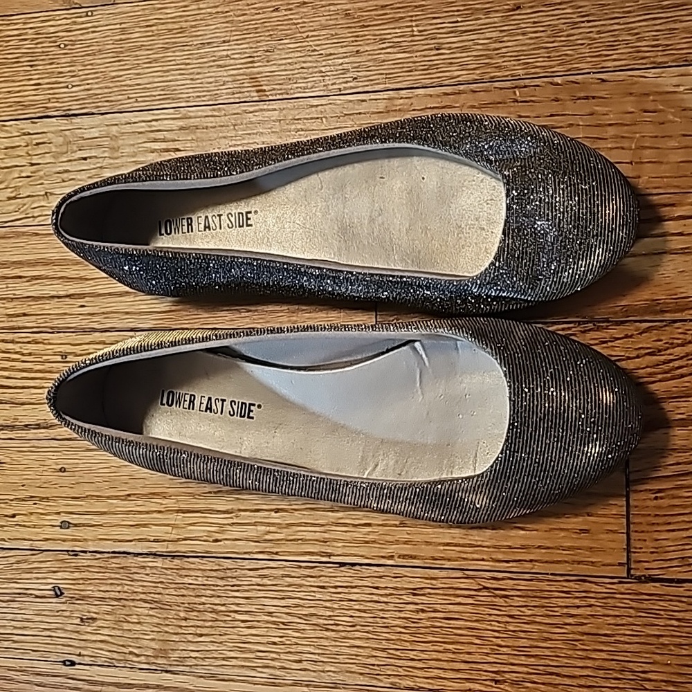 Lower East Side, gold & silver sparkle flats, 8.5